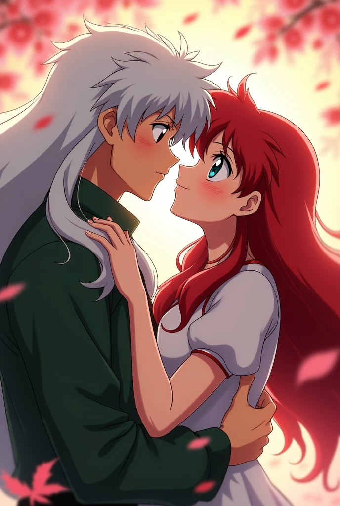 A cute girl with long wavy red hair, with beautiful blue-green eyes this one kissing inuyasha, that Inuyasha has his hair white , that they kiss