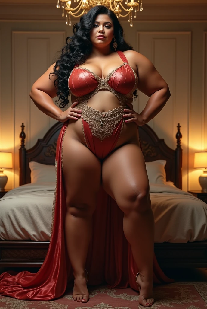 sexually inviting pose,bed room ,araffe woman in a sexy costume posing for a picture, thicc, thick body, thicc build, thick thigs, large thighs, hyperrealistic full figure, exaggeratedly large physique, massive legs towering over you, thick, beautiful thick female, powerful and huge, thick legs, thick thighs, wide hips, oppai proportions, pawg