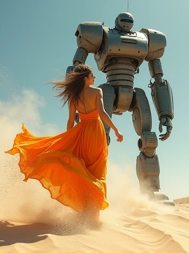 (masterpiece), cartoon, (photo_(medium):1.0), by Antonio J. Manzanedo, by Jeremy Lipking, lightning, painting style with watercolor, (Brushstrokes:1.8)colorful,vibrant colors full body shot, 1 ultra hot gorgeous woman, 23 years old, desert, sand desert, sandstorm, sand colored dress, floating in wind, giant war robot, war robot, Conceptual art,