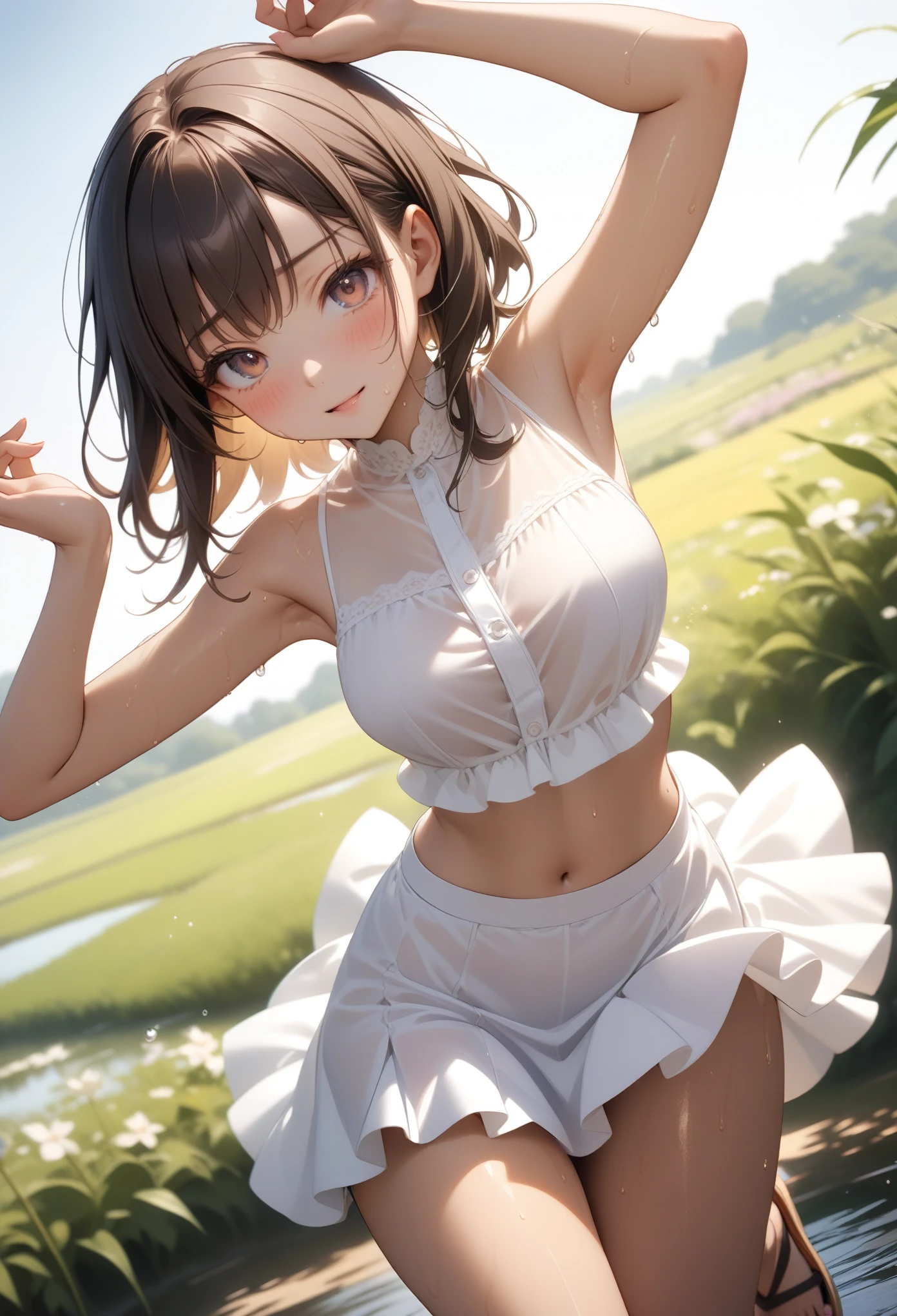 (((A woman playing in midsummer in Japan))), (((She is wearing a long, thin, white blouse, a white flared skirt, and sandals.))), See-through, ((Shiny Costumes)), skindentation, skinny, solo, 1 woman, Masterpiece, highest quality, highest quality, 16K, incredibly absurd, highly detailed, 2.5D, ai-generated, delicate and dynamic, very delicate facial expressions, delicate eye depiction, erotic, only sexy woman, ((A cute and kind face)), healthy figure, ((25-year-old woman)), 160cm tall, medium firm swaying bust, Dark Hair, blush, Sweat,Embarrassed,sexy, ((thin thighs)),, shiny and lustrous, facing straight at viewer, (((in heat))), ((Oily_skin)), ((Lots of sweat)), (((Brown Skin))), ((dutch angle)), ((erotic pose)), ((On a hot summer afternoon on a bank in the Japanese countryside)),, (((Very dynamic pose))),