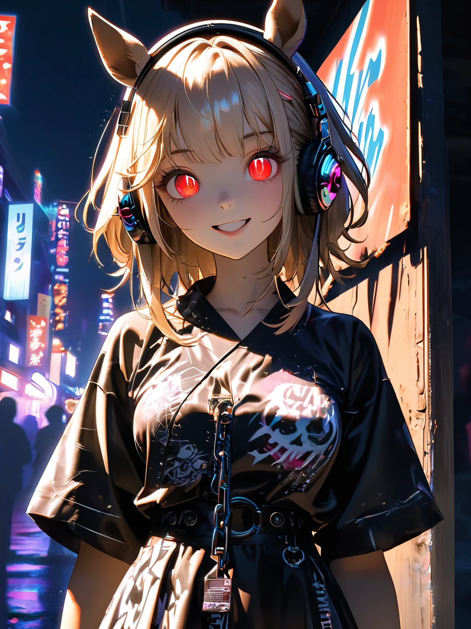 1 girl, chromatic aberration, Written boundary depth, Soft Light, masterpiece, Highest quality, complicated, Tone Mapping, Very deしっぽed, A bank where fireworks are set off at a festival, Concept Art, Smooth, Clear focus, Dramatic lighting, Very Movie, super practical painting, アートステーション's trending, 8k, Incredible Shadows, practical, (Very deしっぽed background:1.0), whole body, View, Viewers, Portrait of a Girl 1, standing on street corner, Heavy rain and lightning、Dark Sky, neon and cyber punk background, she is dressed in punk clothing with silver chains and silver spikes, Her hair was dyed light brown.......,The middle part is black, She is wearing headphones, Deしっぽed red eyes with clear pupils, Ominous aura of light, smile, punk, ciber punk, Backlight.Fashionable clothes、Horse-friendly dress code: yukata.No horse ears.My breasts are a little large