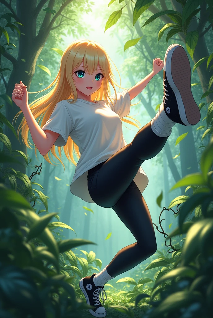 Beautiful anime girl, blonde hair, blue eyes, jungle background, vines coiled around her legs, black high top converse shoes, white socks, black leggings, white shirt, vines, kicking towards camera. 