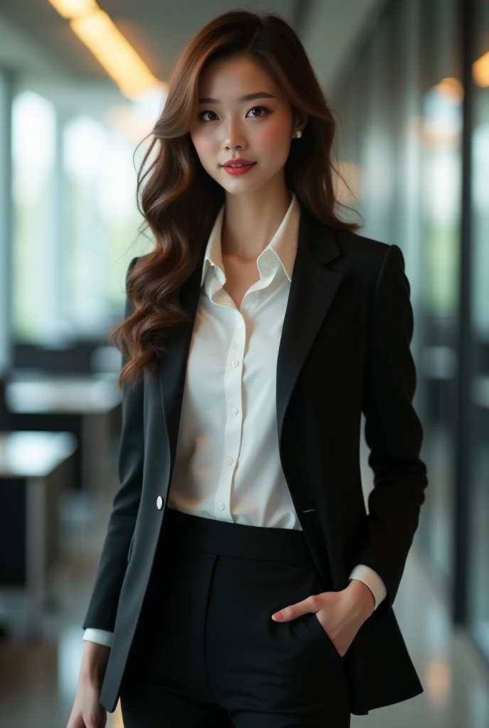 Full body pictures，Elegant upper-class elite secretary in a business shirt, Working in the office、Wearing a serious suit, Wear stockings、Wear high-end heels、 Girl in shirt, Wearing a suit, Wearing a suit, Wearing a suit, Female Merchant, Business Clothing, Wearing a black suit, Wear a shirt and skirt, Wearing a suit的女人, business attire, Business Attire, RAW photos, (8K、Top quality、masterpiece:1.2)、(Intricate details:1.4)、(Photorealistic:1.4)、Octane Rendering、Complex 3D rendering with ultra-details, Studio Soft Light, Rim Light, Vivid details, Super Detail, Realistic skin texture, Detail face, eyes in beautiful detail, Highly detailed CG Unity 16k wallpaper, cosmetic, (Detailed background:1.2), Show your thighs!!!,
