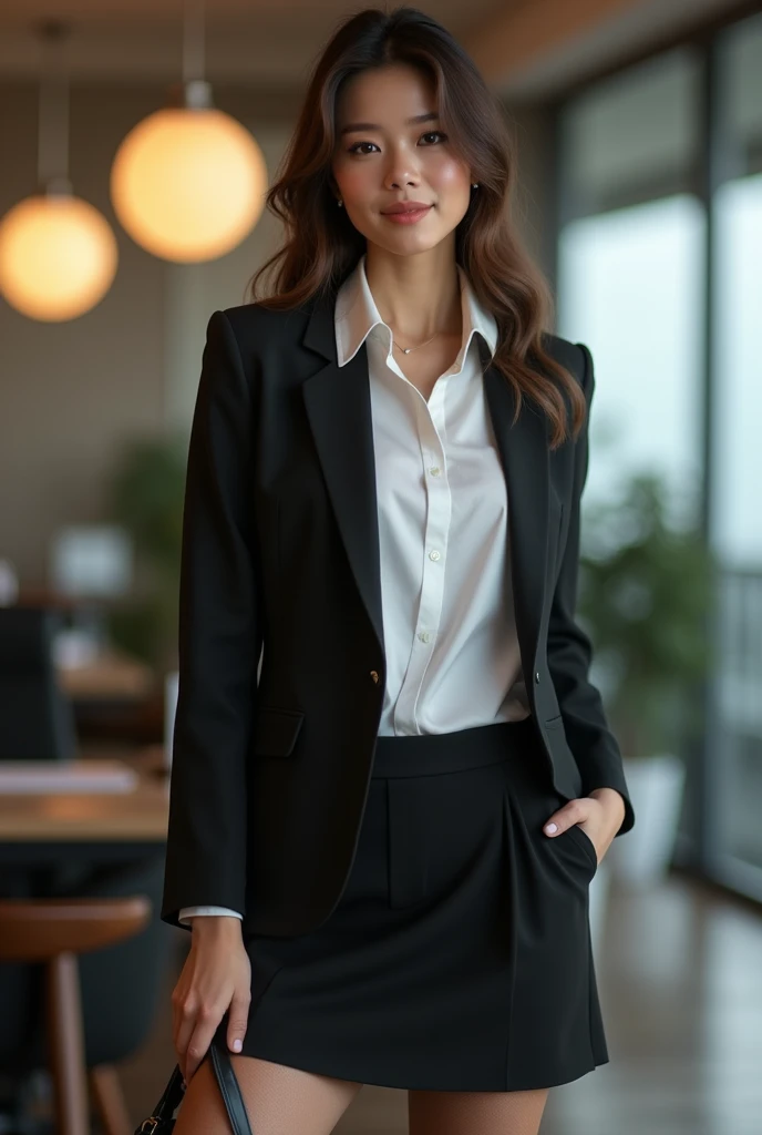 Full body pictures,Elegant upper-class elite secretary in a business shirt, Working in the office、Wearing a serious suit, Wear stockings、Wear high-end heels、 Girl in shirt, Wearing a suit, Wearing a suit, Wearing a suit, Female Merchant, Business Clothing, Wearing a black suit, Wear a shirt and skirt, Wearing a suit的女人, business attire, Business Attire, RAW photos, (8K、Top quality、masterpiece:1.2)、(Intricate details:1.4)、(Photorealistic:1.4)、Octane Rendering、Complex 3D rendering with ultra-details, Studio Soft Light, Rim Light, Vivid details, Super Detail, Realistic skin texture, Detail face, eyes in beautiful detail, Highly detailed CG Unity 16k wallpaper, cosmetic, (Detailed background:1.2), Show your thighs!!!,