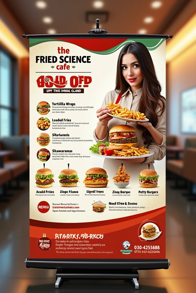 Make immaculate great syntax vibrant catchy and banner pamphlet thats perfect to showcase Azadi deal upto 40 percent off , tortilla wraps, loaded fries, zinger burger, patty burgers shawarmas "The Fried Science Cafe" name on the top "The Trustworthy local eatery around" Also add numbers 0330-4255888, 0316-6420496. Must be in correct form and include impeccably master piece showcase azadi deal with an ergonomic pakistan flag on the side. It must be in English and follow a greater syntax.  Only english I said! Be catchy and syntax.  siri dahl holding the billboard of pamphlet of The Fried Science Cafe, yes a pamphlet like attractive and resplendent menu card 