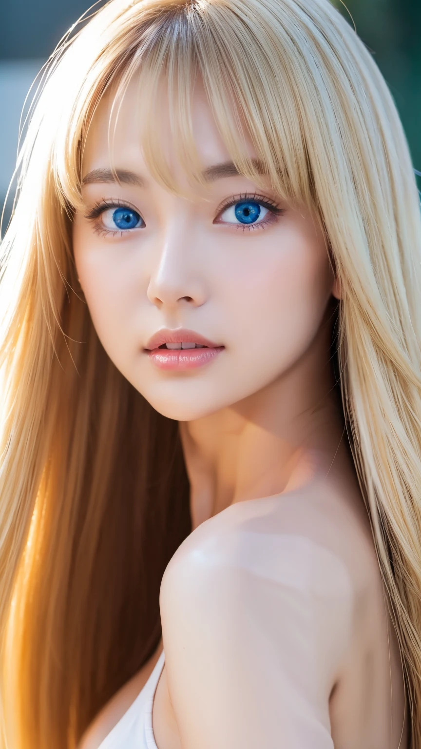 Very beautiful super long straight blonde hair、Beautiful bangs between the eyes、The pieces fly, Highest quality, figure, Extremely detailed, High resolution, 8k wallpaper, Perfect dynamic composition, So beautiful、Large bright light blue eyes with shining detail、Very big eyes, Fitness Wear, Natural color lip,There is cleavage in the chest、Cheek gloss highlighter、White skin、Small Face Beauty、Beautiful girl at 22 years old、Round face