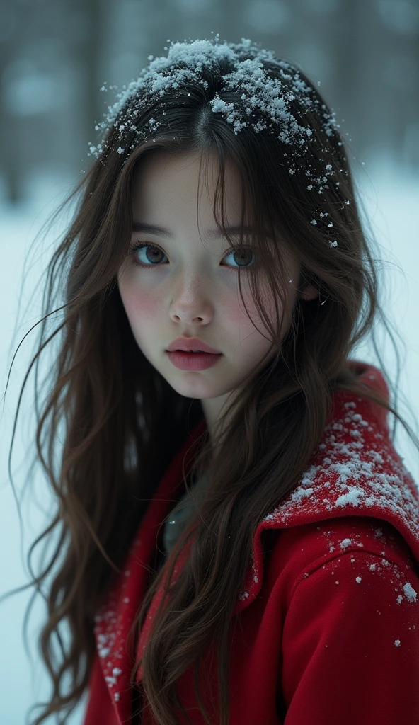 ((( masterpiece ))), (((Highest quality))), ((Very detailed)), (photograph), ((Very delicate and beautiful )),High resolution,
((Looking down)) One Girl, Age 25,
(Detailed eyes), (Detailed facial features), (Detailed Weapons), (Detailed fingers), (Leg Details),
(Eyes visible through hair), ((Drunk Eyes)) , (Embarrassing :1.2),
(Toothless smile),(((Fuller lips))),
(Snow Scene),(Upper Body),Red coat,
((Dim Light)),((Film Grain)), ((Single-lens reflex camera)), ((35mm lens focal length))