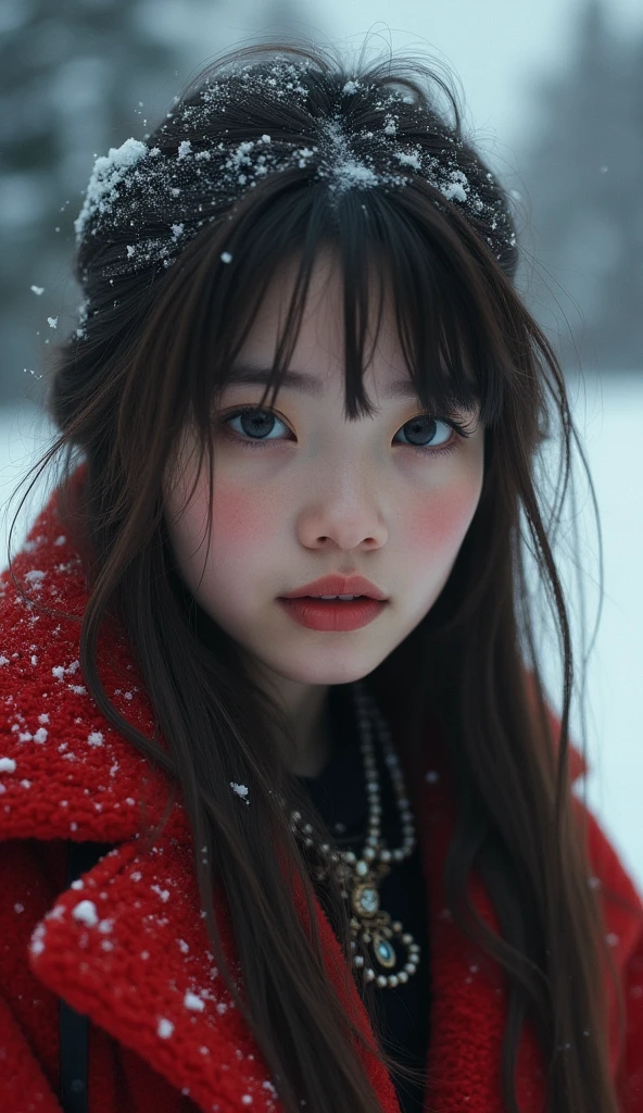 ((( masterpiece ))), (((Highest quality))), ((Very detailed)), (photograph), ((Very delicate and beautiful )),High resolution,
((Looking down)) One Girl, Age 25,
(Detailed eyes), (Detailed facial features), (Detailed Weapons), (Detailed fingers), (Leg Details),
(Eyes visible through hair), ((Drunk Eyes)) , (Embarrassing :1.2),
(Toothless smile),(((Fuller lips))),
(Snow Scene),(Upper Body),Red coat,
((Dim Light)),((Film Grain)), ((Single-lens reflex camera)), ((35mm lens focal length))
