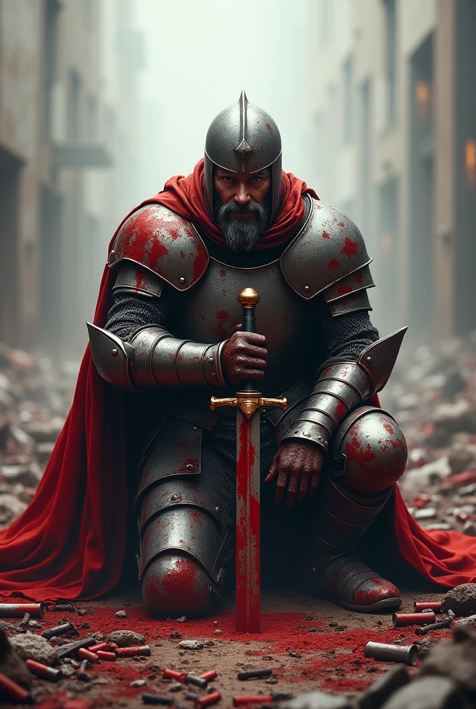 Kneeling knight in bloody armor wielding a sword