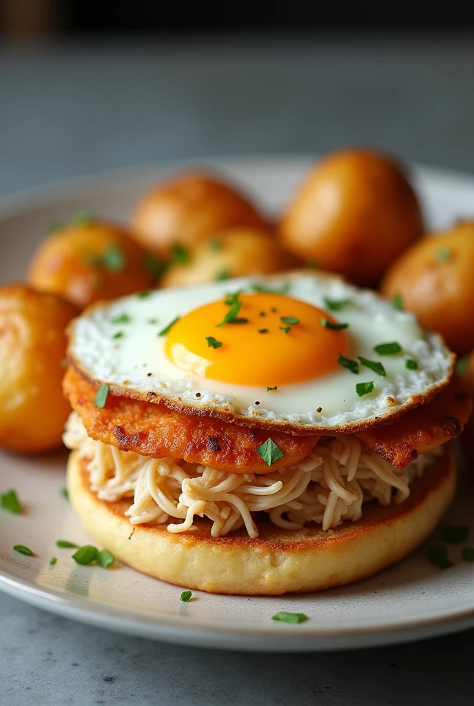 Shredded white chicken burger with fried egg and potatoes another take