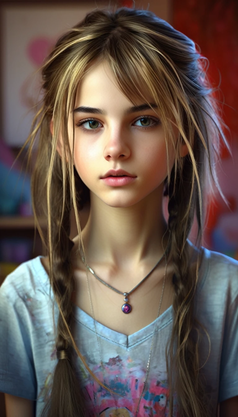 13 year old girl in her bedroom, with big toys ,skinny, slim, strange, Gentle, hair decoration , very detailed realistic texture, digital painting, very detailed photo