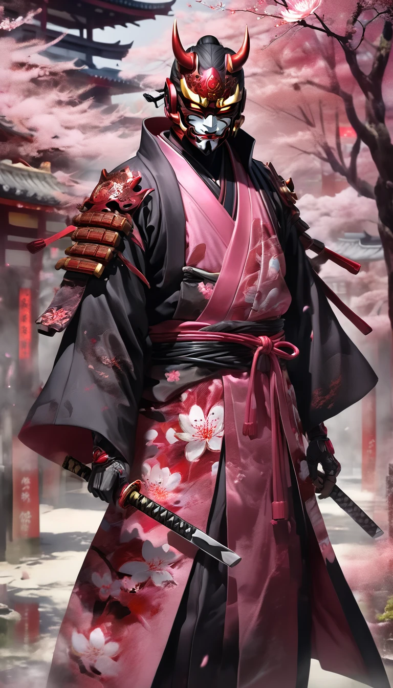 13century、A pink cyborg samurai-like creature wearing a Hannya mask.、Shining eyes、Long coat、(Black and Red)、FW Murano Style, An explosion of vibrant colors, whole body、cherry blossoms、Very detailed, dark, Key Visual, Atmosphere, Attack the enemy、Very realistic, Attention to detail and texture, Ray Tracing