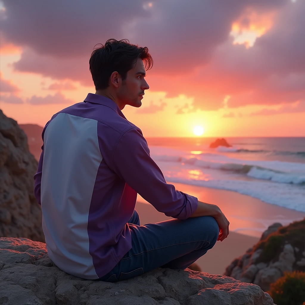 white male, 35 year old, dark hair, blue colored eyes, white and purple shirt, sitting on top of a rock and watching the sunrise on the Algarve beach