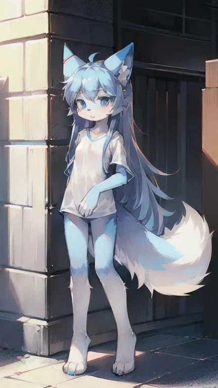 1 female furry,solo,(small breast), stand, dog head, cat ear, fox tail, blue fur, blue eye, long hair, young, long leg, white shirt, front, look me, Heads-up