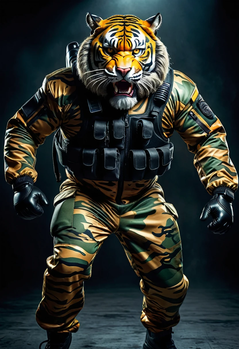 (a dark-skinned bearded fat muscular old man in a bulky army camouflage zipper diver suit) carrying a gun, (wearing realistic roaring tiger mask), dynamic action pose, fierce expression, showcasing an imposing stature, surrounded by military elements, dramatic shadows and intense highlights, cinematic color tones, high detail, powerful, art influenced by Bruce Onobrakpeya and Stanley Artgerm, ultra-detailed, best quality image, action-packed atmosphere. fighting stance