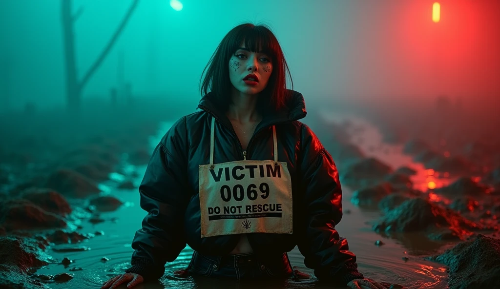 woman, bib "VICTIM 0069 DO NOT RESCUE", moncler ultra-short sporty collar only down jacket, muddy flared jeans, stuck in mud bog,pale ethnic patterns ritual makeup, cold, red lips, sexy posing, bob haircut, red fog, blue, green, posing, dynamic, sexy despair