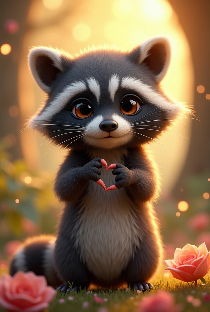 Background of a female raccoon with long eyelashes making a heart Disney pixar version