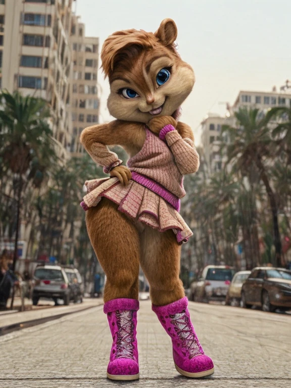 score_9, score_8_up, score_7, score_6, Hollywood Boulevard, brittany miller, chipmunk, furry, short ears, pink sweater, pink skirt, pink skirt, black leggings, pink boots, looking at viewer, 6 inches tall,