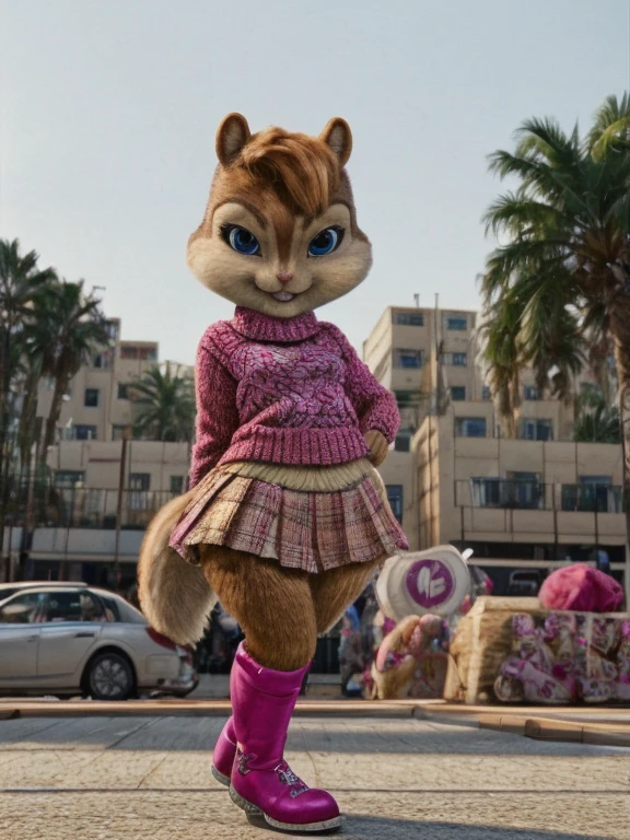score_9, score_8_up, score_7, score_6, Hollywood Boulevard, brittany miller, chipmunk, furry, short ears, pink sweater, pink skirt, pink skirt, black leggings, pink boots, looking at viewer, 6 inches tall,
