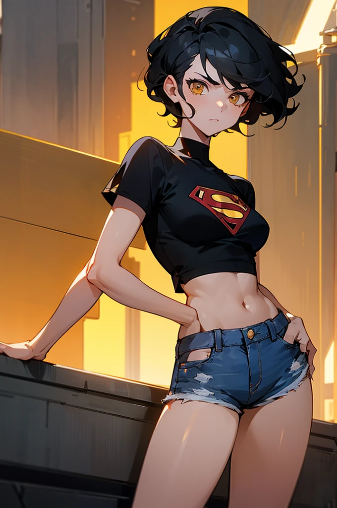 1female , undercut hair , wavy hair ,short hair, black Hair , golden Eyes , lean build ,teen female , Serious Expression , Modern City Background , modern city background, Black T-Shirt Croptop with a Superman S symbol, Short Shorts Shorts , Jean Shorts ,