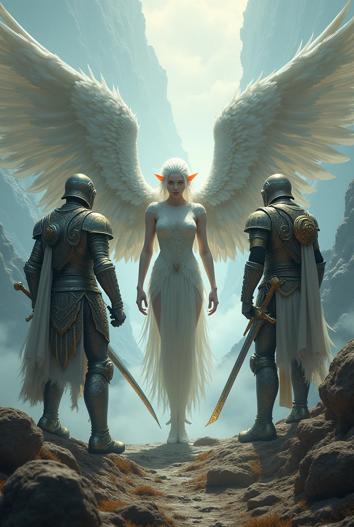 A person with wings and two men with armor and swords 
