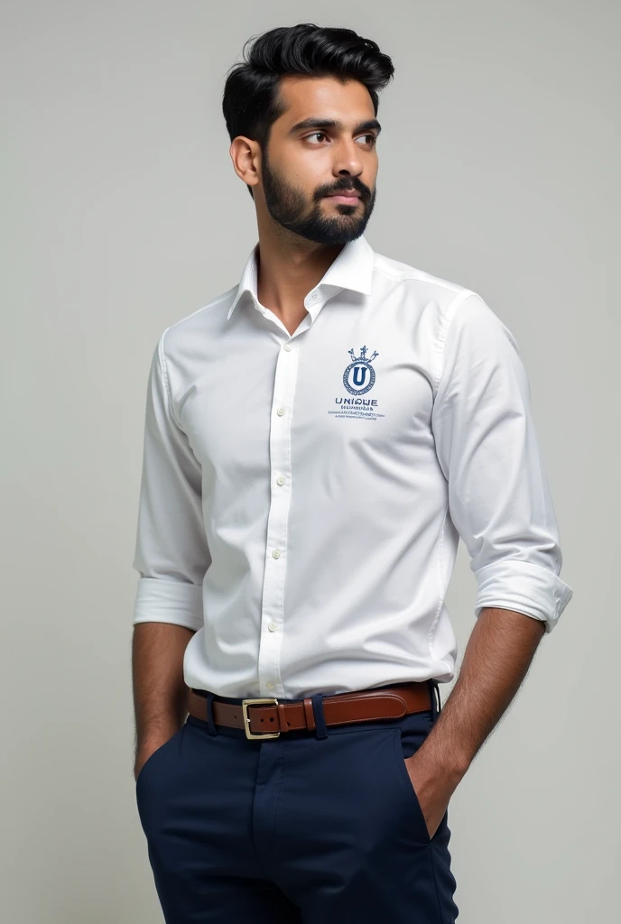 Smart and professional Indian man in sandal colour shirt and dark navy blue colour pant, and left side of the shirt Unique Associates and Consultant in navy blue colour, looking fit and smart full side, no logo