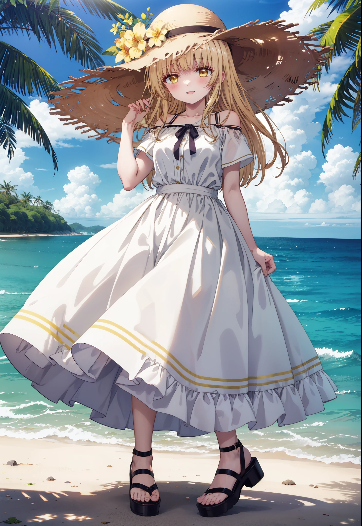 mahirushiina, mahiru shiina, Long Hair, bangs, Blonde, Brown Hair, (Yellow Eyes:1.3),happy smile, smile, Open your mouth,blush, Straw hat,smile,Cold Shoulder Shirt,Short sleeve,Long skirt,Cute heeled sandals,True Summer,Clear skies,Daytime,Palm tree,Hair is fluttering in the wind,whole bodyがイラストに入るように,
break outdoors, tropical,In town,Coastal Road,
break looking at viewer, whole body,
break (masterpiece:1.2), Highest quality, High resolution, unity 8k wallpaper, (figure:0.8), (Beautiful attention to detail:1.6), Highly detailed face, Perfect lighting, Highly detailed CG, (Perfect hands, Perfect Anatomy),