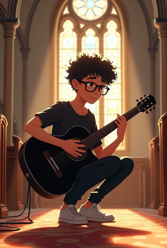 Create a boy with curly hair wearing black glasses wearing a black shirt black pants and white sneakers playing a black guitar in the background of a church