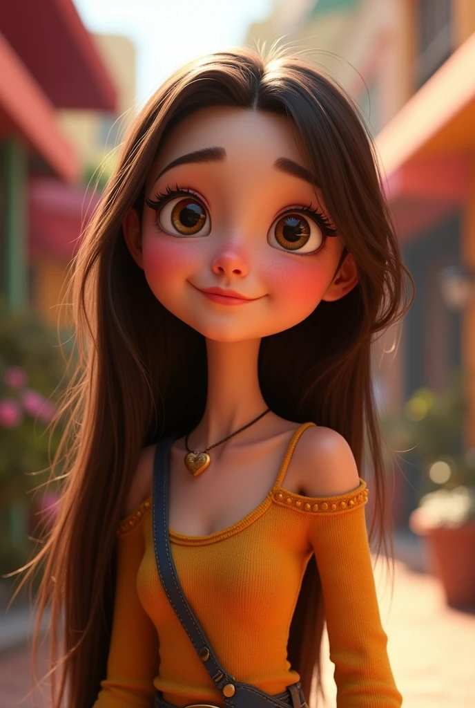 Create a Pixar-style character with long, straight hair, brunette woman