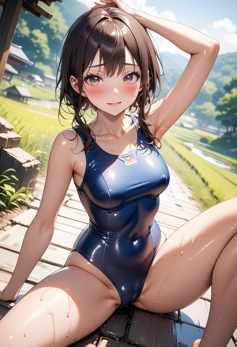 (((A woman playing in midsummer in Japan))), ((school swimsuit)),, ((Shiny Costumes)), skindentation, skinny, solo, 1 woman, Masterpiece, highest quality, highest quality, 16K, incredibly absurd, highly detailed, 2.5D, ai-generated, delicate and dynamic, very delicate facial expressions, delicate eye depiction, erotic, only sexy woman, ((A cute and kind face)), healthy figure, ((25-year-old woman)), 160cm tall, medium firm swaying bust, Dark Hair, blush, Sweat,Embarrassed,sexy, ((thin thighs)),, (camel toe:0.7), (visible nipples:0.7), (Erect nipples,:0.7), shiny and lustrous, facing straight at viewer, (((in heat))), ((Oily_skin)), ((Lots of sweat)), (((Brown Skin))), ((dutch angle)), ((erotic pose)), ((On a hot summer afternoon on a bank in the Japanese countryside)),, (((Very dynamic pose))), ((sit()),