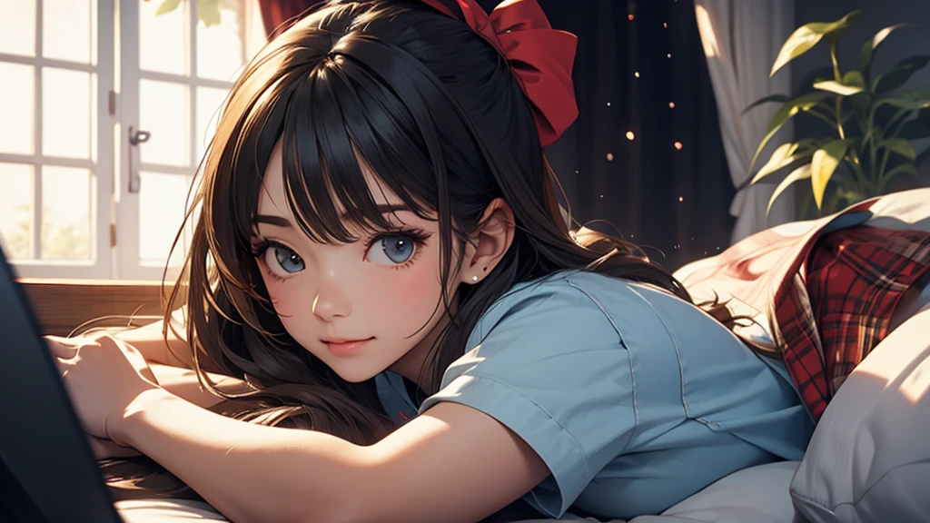 A cute is looking at it with a shy look on her face