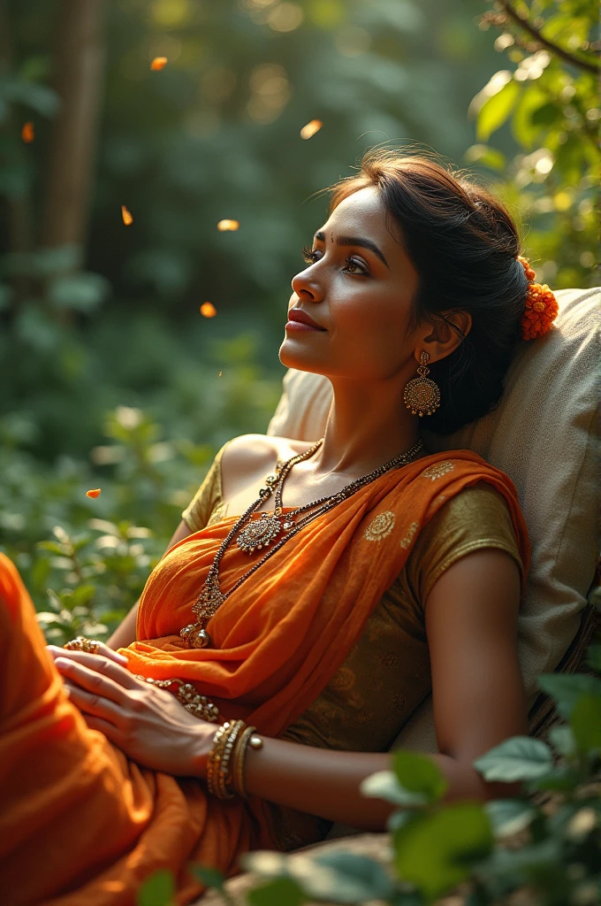 Indian lady lying with her legs up.