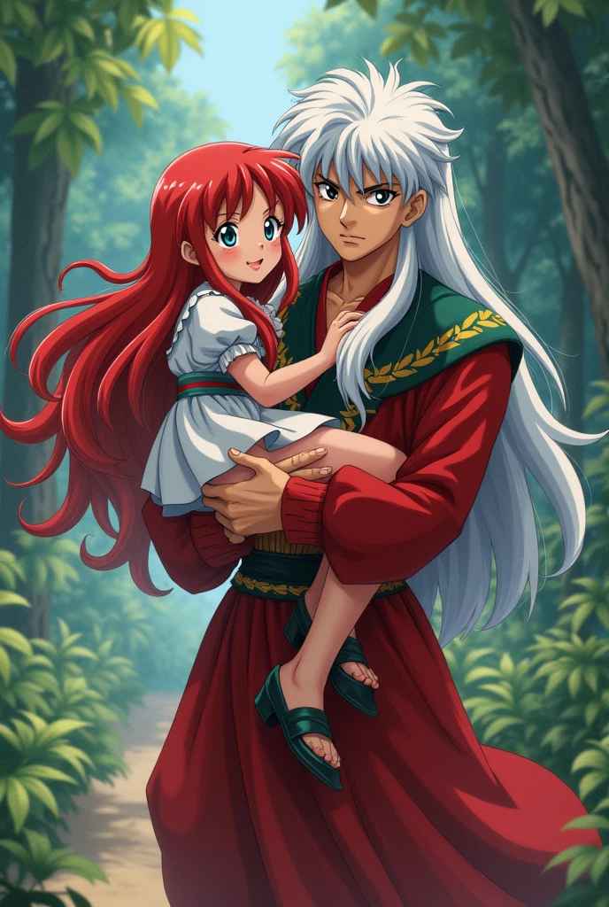 A cute girl with long wavy red hair, with cute blue-green eyes being carried by Inuyasha, that Inuyasha has a serious face and white hair