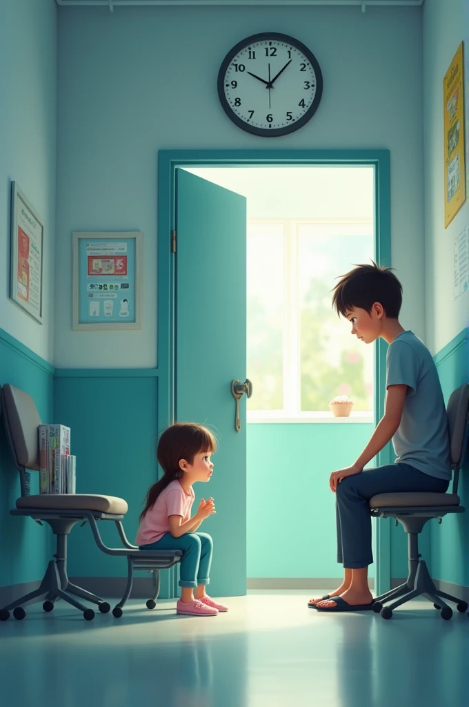 Generate an image of a girl waiting for her father in a dental clinic, with the father in background undergoing treatment