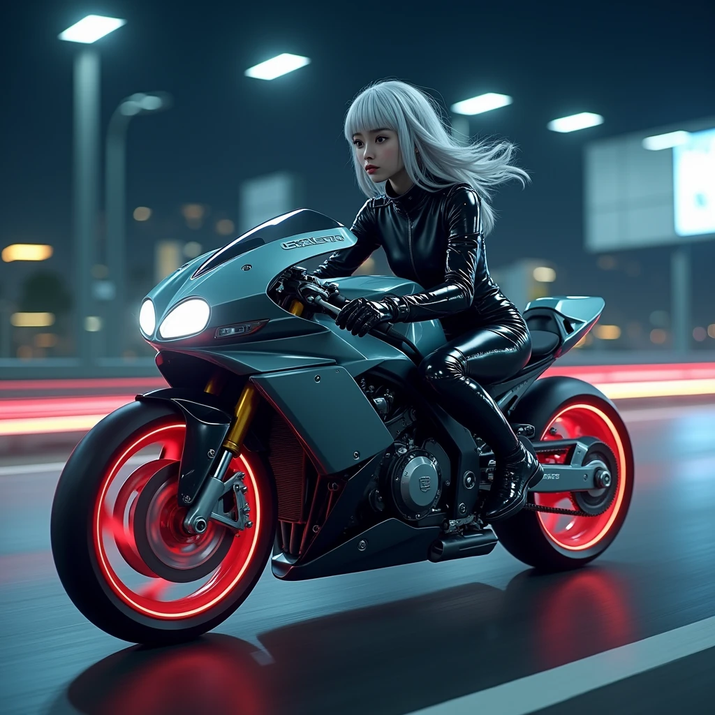 (8k, Photorealistic: 1.1, Raw photo, Highest quality: 1.4),Japanese idol-style beautiful girl,1 person,18-year-old,(Short Bob),(Silver Hair),Blowing in the wind,Clear grey eyes,Long eyelashes,(piercings(small)),Rider Suit(one piece),boots,(The future of large motorcycles(Akira)Riding),(Hang-On((Covering the fuel tank and leaning forward: 1.1),(Left curve),(The driver is leaning his hips to the left and tilting the vehicle to the left.))),Driving on the Metropolitan Expressway at night.Flowing red tail lights,(Full body snapshot)