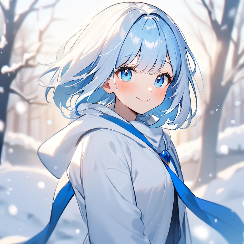 1girl,Whitehair,bluehair,Whiteandblueeyes,snowgirl,Happy