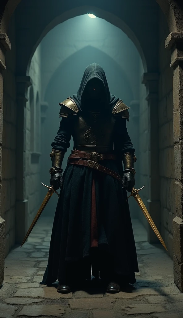 (masterpiece:1.2), (Highest quality:1.2), 8k, High resolution, Super detailed, ((Realistic)), Professional Light, Cinema Lighting, Fashion Photography, Ambient Lighting, background, Dark medieval dungeon, darkness, Spectacular photos, fire, stage, Thief in cloth armor, He holds a gold dagger in each hand.