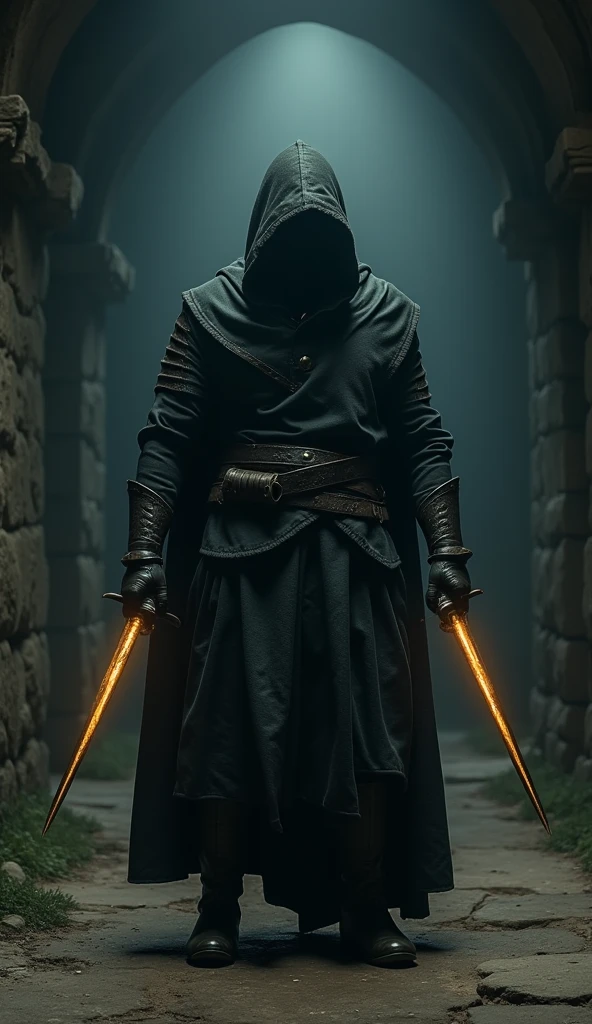 (masterpiece:1.2), (Highest quality:1.2), 8k, High resolution, Super detailed, ((Realistic)), Professional Light, Cinema Lighting, Fashion Photography, Ambient Lighting, background, Dark medieval dungeon, darkness, Spectacular photos, fire, stage, Thief in cloth armor, He holds a gold dagger in each hand.