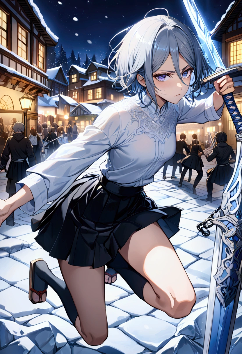 ((Highest quality)),((Very detailed)),(((Has two swords))),((Pale-white shining sword,Two-Way,The swords are connected by a chain)), ((Town square at night,)), ((Blue mesh on hair)),masterpiece, Detailed face,Beautiful Face, Top view, (Fighting), ((ice,snow)),(Long-legged white shirt,Short black skirt,White floral pattern on skirt,White socks,geta)One girl,((Blue Eyes,Dynamic pose,A slightly fluffy shirt)) , Rukia, Gray Hair, short hair, Hair between the eyes, Purple eyes, Small breasts,cold