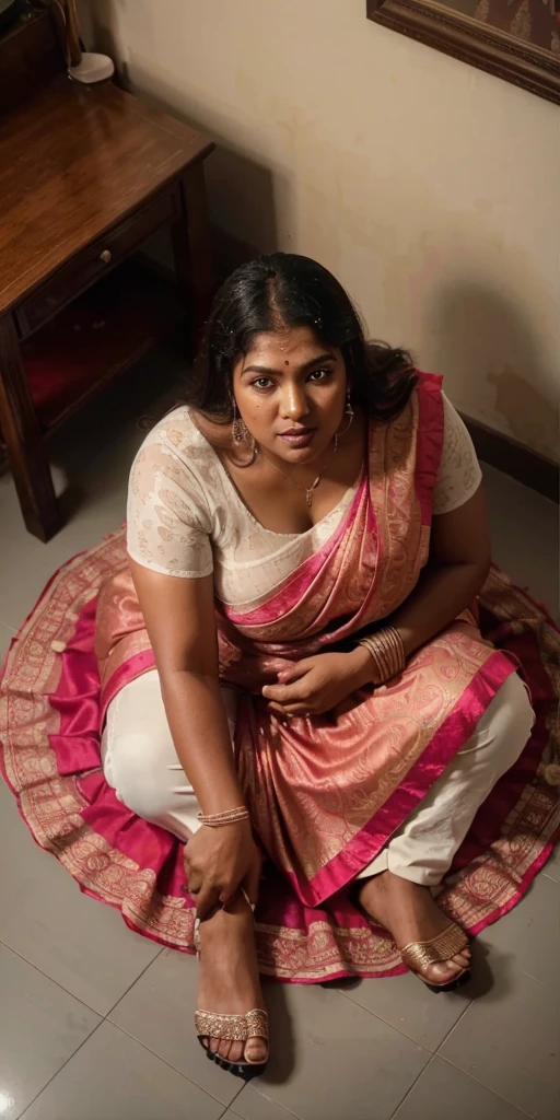 Day scene, full body photo of a plus sized 45 year old indian with a man from top view, (Masterpiece, Best Quality, High Resolution), office Background, (cum Splash on her breasts and nipples, cum Splash on her face, Splash of cum, cum Splash on her blouse, cum Splash on her eys), Sweet 25 year old South indian women sitting on her knees in a crowded party hall with a man, hour glass body red lips, silver colour silky gown, lightly makeup,ultra realistic, realistic, look at viewer (cinematic:1.3), intricate details,