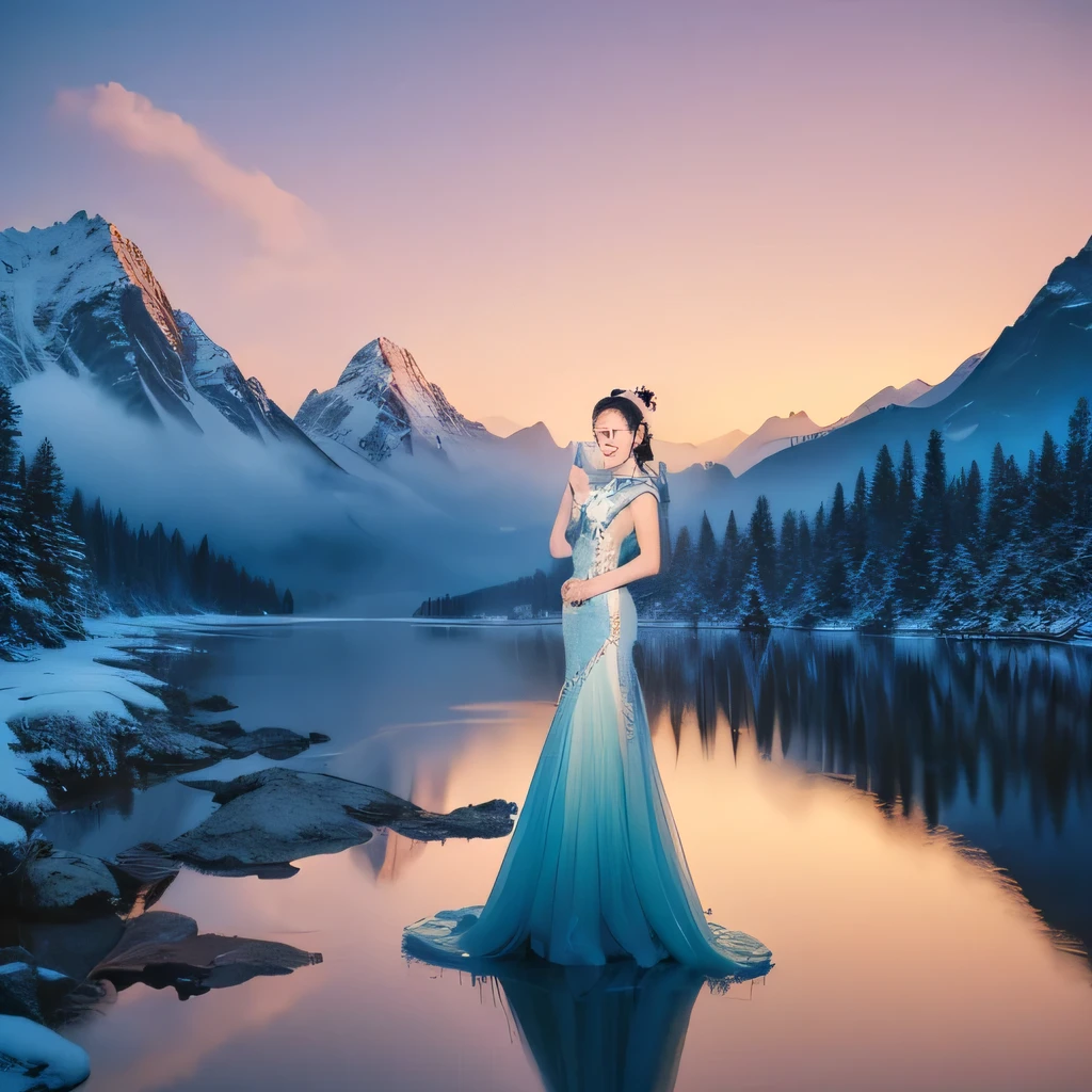 Chinese style beauty，red cheongsam，dance to tune，The background is a distant view of snowy mountains，surreal、dreamlike、bright colors、icy blue tones、shiny reflective surface、ethereal lights、mysterious atmosphere、Mysterious shadows、dynamic composition。[frozen landscape]，glowing aurora，clear river，Blue river，Spectacular skies，soft，heavy snowfall，delicate snowflakes，Intricate ice formations。（Full body detailed portrait of beautiful Chinese woman），flawless skin，flowing hair，confident expression，Professional tone，Wide-angle lens，Excellent picture quality，4k resolution，Featuring realistic details and realism，There are soft color adjustments in the picture。The light illuminates the whole picture in a soft way，Highlight the beauty of women。The whole picture is dedicated to creating a romance、cozy atmosphere。
