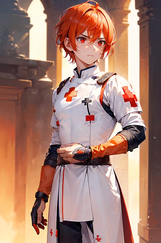 (((masterpiece; best quality: 1.2))), (finely detailed eyes: 1.3), ((1 young man)), ((solo)), (red eyes: 1.4), (body shape; lean, masculine: 1.3), (very short orange hair: 1.3), (beautiful and clear background: 1.2), ((depth of field)), (equipment: fantasy white medieval combat-medic uniform + armband with red cross: 1.3), (anime illustration: 1.2), (background composition; palace gardens + day: 1.1), (extremely fine and handsome: 1.1), (shot composition; standing + centered on face + close-up: 1.5), (facial expression; calm, stoic: 1.2)