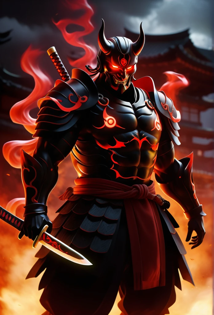 (demon samurai)、(Wearing a devil mask)Hands only, Glowing red eyes、Just like the whole body、(Cyborg with a long, sharp knife)、Stand facing forward,A wonderful work of art、((Kyoto Panel Style))、Wind effects:1.9、Cloud effect:1.2、Full Rendering、Encaustic painting,Unreal Engine,