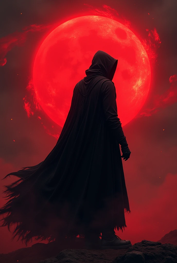 Black-hooded soldier with his back to a red eclipse and surrounded by magical aura 

