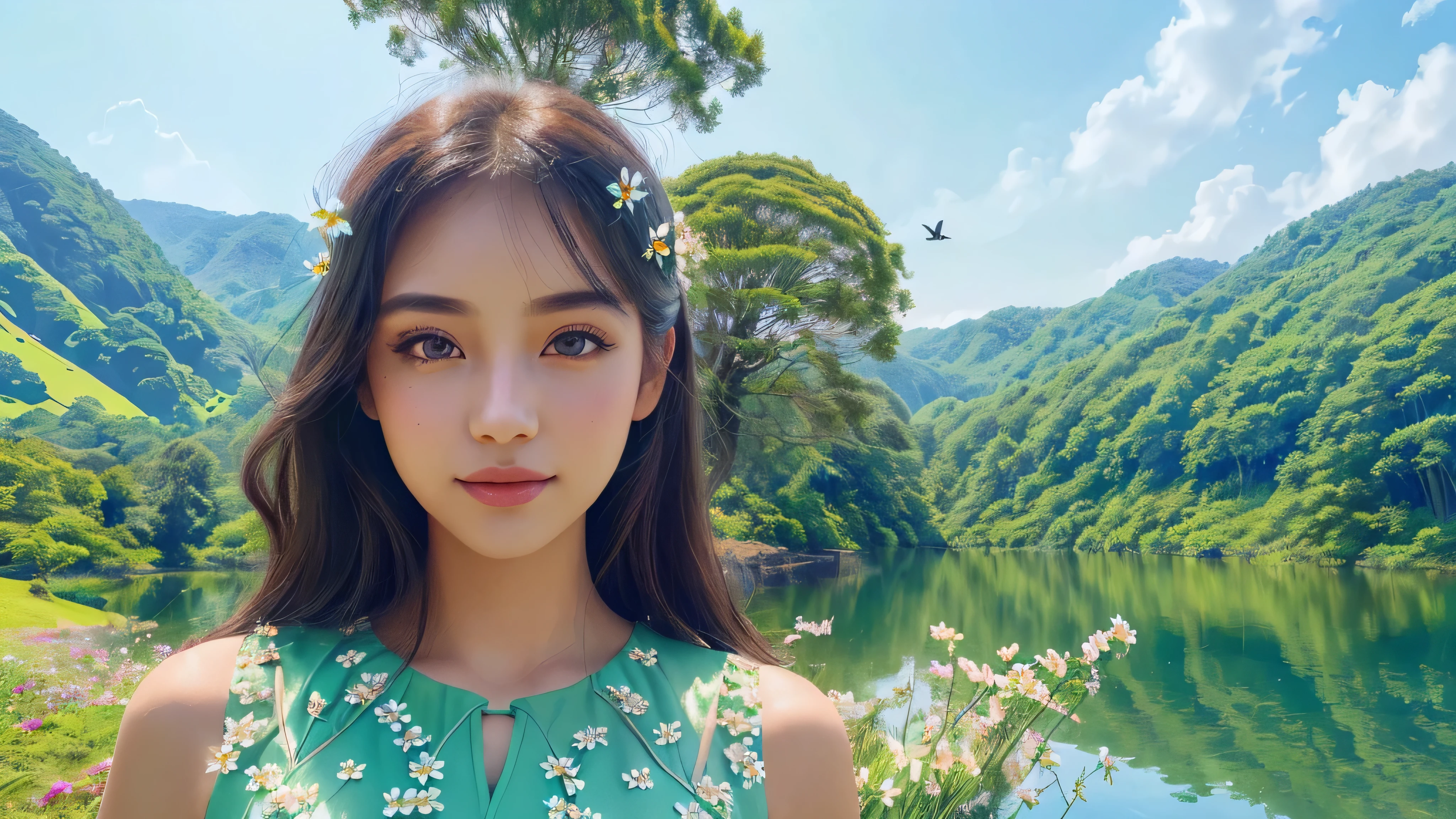 (1 girl, realistic, upper body, detailed face, beautiful dress), (best quality, masterpiece, high quality, 1girl, solo, (upper body, beautiful dress), illustration, beautiful detailed girl, beautiful detailed glow, beautiful detailed eyes, highres, detailed, high resolution illustraion, ultra-detailed, detailed background, beautiful detailed face), ((background: Capture a picturesque landscape with lush green hills, a clear blue sky, and a tranquil lake reflecting the surroundings. Include intricate details such as blooming flowers, tall trees, and birds in flight to evoke a sense of peace and natural beauty.))