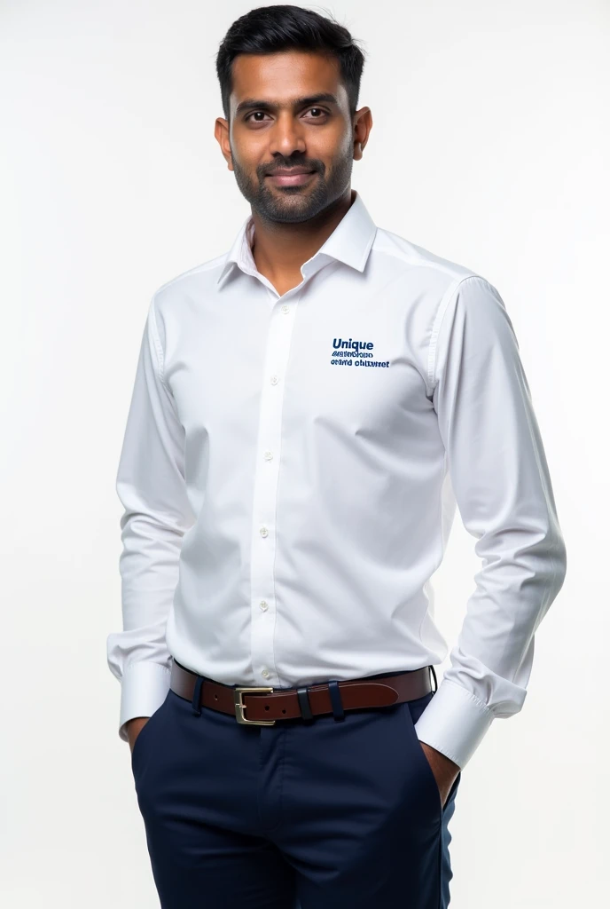 Smart and professional Indian man in sandal colour shirt and dark navy blue colour pant, and left side of the shirt Unique Associates and Consultant in navy blue colour, looking fit and smart full side, I don't want any logo