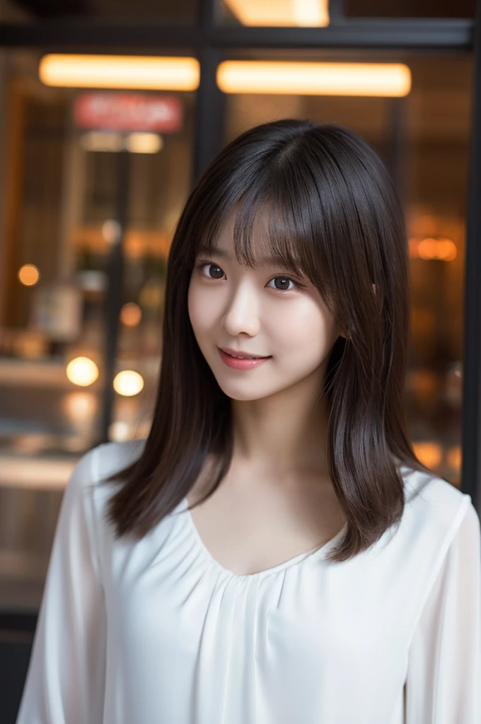 One Girl, (Wearing a white blouse:1.2), (RAW Photos, Highest quality), (Realistic, Photorealistic:1.4), Tabletop, Very delicate and beautiful, Very detailed, 2k wallpaper, wonderful, In detail, Very detailed CG Unity 8K 壁紙, Very detailed, High resolution, Soft Light, Beautiful detailed girl, Very detailed目と顔, Beautifully detailed nose, Beautiful attention to detail, Cinema Lighting, City lights at night, Perfect Anatomy, Slender body, smile