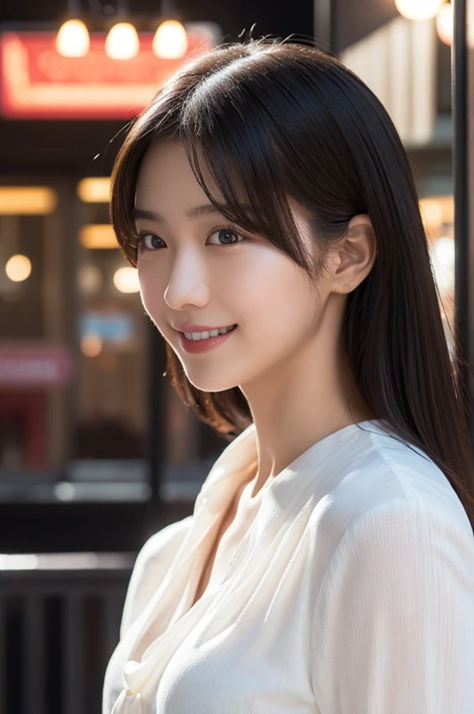One Girl, (Wearing a white blouse:1.2), (RAW Photos, Highest quality), (Realistic, Photorealistic:1.4), Tabletop, Very delicate and beautiful, Very detailed, 2k wallpaper, wonderful, In detail, Very detailed CG Unity 8K 壁紙, Very detailed, High resolution, Soft Light, Beautiful detailed girl, Very detailed目と顔, Beautifully detailed nose, Beautiful attention to detail, Cinema Lighting, City lights at night, Perfect Anatomy, Slender body, smile