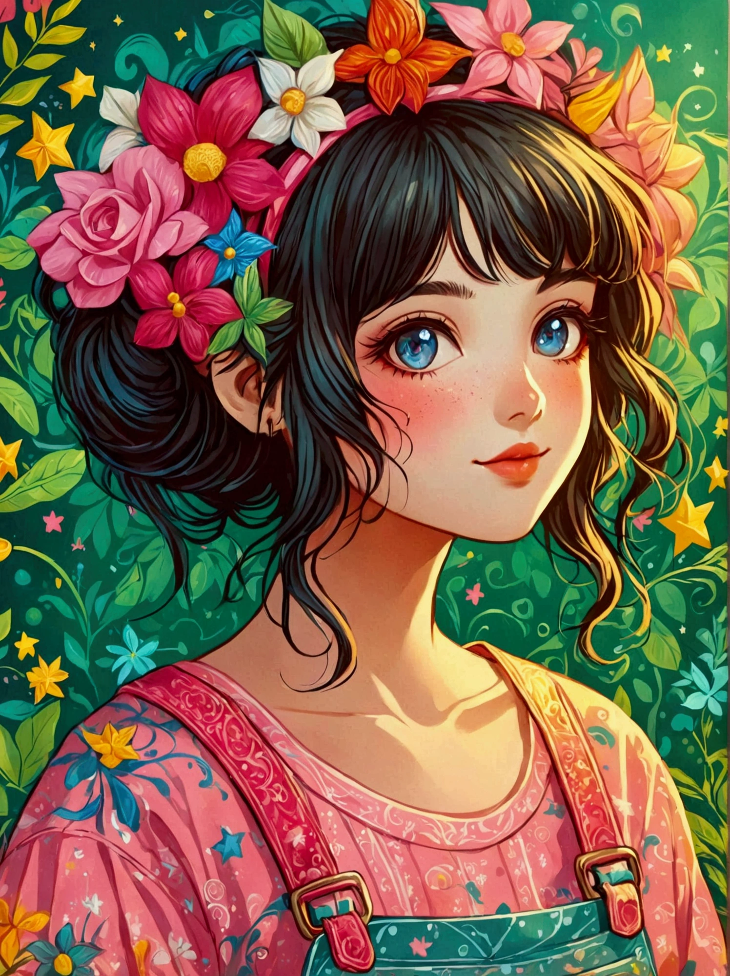 Front full body cartoon illustration of a cute girl wearing pink suspenders，Created by Ms. Becca Doodlefly，Style: grunge rock beauty，sandara tang，Mixed Patterns，letter，Charming Character Illustrations，Folklore，dream，mystery，beauty，Aesthetic，Mainly realistic traditional style，The painting style is meticulous，Refreshing colors，HD，(8k，bright颜色，bright，Ultra high saturation，rgb, rich and colorful), cartoon，role conception，Surreal photos，dream花园，Aesthetic治愈，moon，Star，Aesthetic诗意，minimalist flat illustration