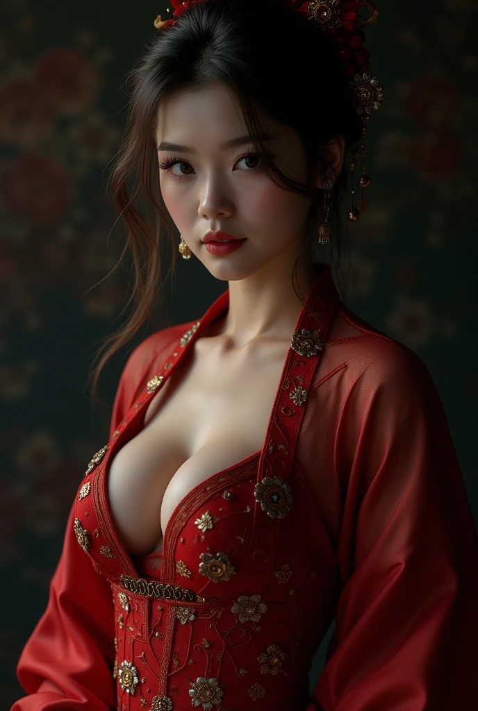 A sexy woman in a Chinese Tang Dynasty palace dress, with breasts gathered together, super sexy, super huge breasts squeeze out cleavage, breasts are full and erect, Tang suit style breasts, character portrait, upper body close-up, high quality portrait, fantasy concept art portrait, detailed beautiful portrait, dark, chiaroscuro, low key,
